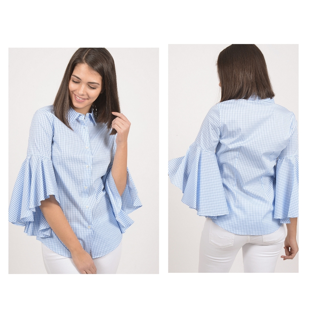 Sara Roka Gingham Trumpet Sleeve Shirt Size S (42)